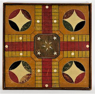 19C American Folk Polychrome Parcheesi Game Board