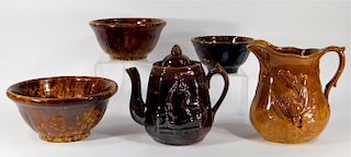 5PC Bennington Type Rockingham Glaze Pottery Group