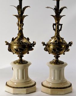 PR French Neoclassical Bronze & Marble Urn Lamps