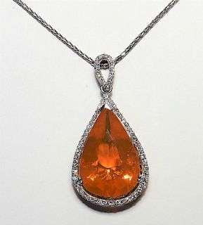 10.2ct Fire Opal Diamond Platinum Pendant Necklace
