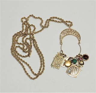 14KT Gold Rope Chain Multi Charm Necklace