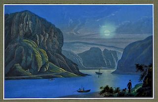 19C German Folk Lorelei Rock WC Landscape Painting