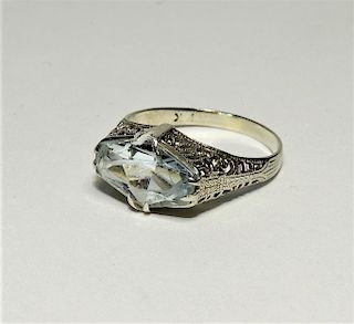 14KT White Gold Aquamarine Art Deco Filigree Ring