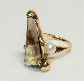 Exotic Smokey Quartz Pearl 14KT Gold Mod Ring