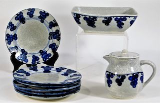 8PC Dedham Pottery Plate Pitcher Bowl Grape Group