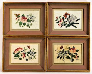 4 Chinese Botanical Butterfly Silk Pith Paintings