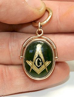 Masonic Green Hardstone 14KT Gold Watch Fob
