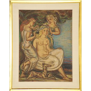 RENE BUTHAUD Untitled cartoon, nude with maidens