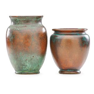 CLEWELL Five copper-clad vases