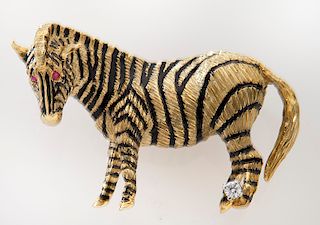 18K gold and enamel zebra brooch with diamond and