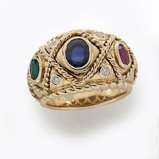 18K gold, diamond, emerald, ruby and sapphire ring