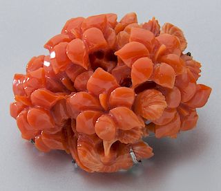 White gold mounted coral brooch,