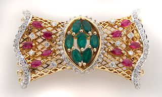 18K gold, diamond, ruby and emerald brooch