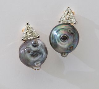 14K gold, Tahitian pearl and diamond earrings