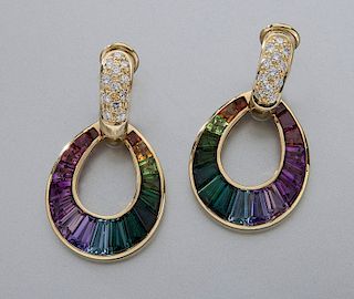 Pair 18K, diamond & multi-color gemstone earrings