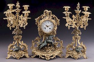 19th C. French dore & patinated bronze 3 pc. clock