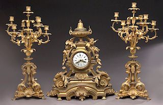 19th C. French 3-piece dore bronze clock set,