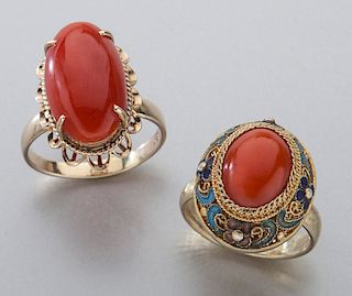 (2) Chinese red coral mounted rings.