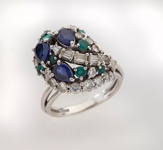 Retro 14K gold, diamond, emerald and sapphire ring
