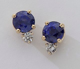 Pair of 14K gold, sapphire and diamond earrings