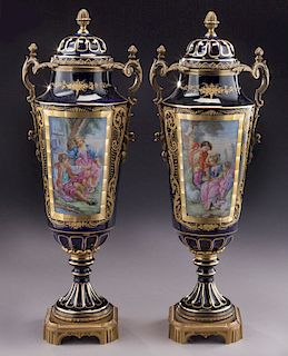 Pr. 19th Century Sevres-style porcelain urns,