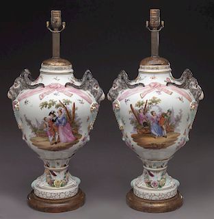 Pr. 19th Century Dresden porcelain urns mounted