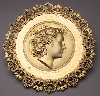 Large 19th C. French dore bronze portrait plaque,
