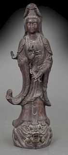 Large Chinese patinated bronze standing Guan Yin.