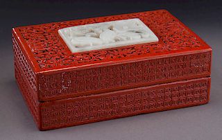 Chinese carved jade inlaid cinnabar box,