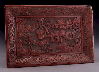 Chinese Qing carved cinnabar rectangular plate,