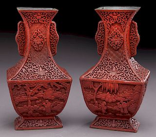 Pr. Chinese Qing cinnabar vases,