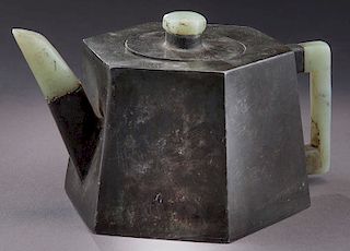 Chinese Qing jade and pewter mounted Yixing teapot