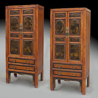Pr. Chinese lacquer two door cabinets,