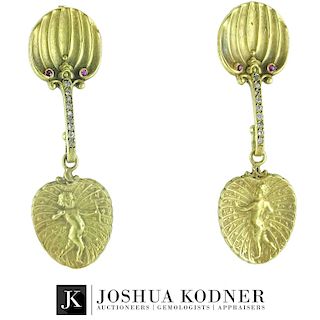 Antique Art Nouveau 14K Gold Ruby Diamond Earrings
