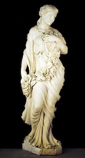 CARVED MARBLE FIGURE OF WOMAN SWAG OF FLOWERS