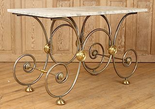 STEEL AND BRASS BAKERS TABLE CARRARA MARBLE TOP