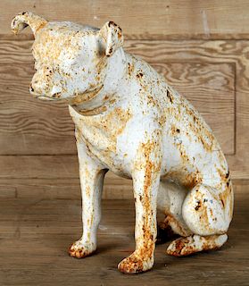PAINTED WHITE CAST IRON GARDEN ORNAMENT DOG