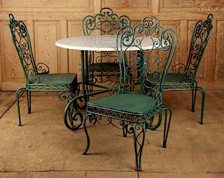 5 PC GARDEN SET 4 IRON CHAIRS MARBLE TOP TABLE
