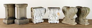 TWO PAIRS TERRACOTTA BENCH ENDS & PAIR CORBELS