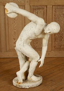 WHITE PAINTED CAST STONE DISCUS THROWER STATUE