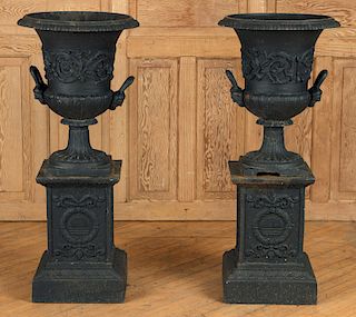 PAIR CAST IRON NEOCLASSICAL URNS PLINTH BASES
