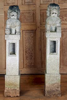 PAIR CARVED GRANITE POSTS WITH FOO DOGS