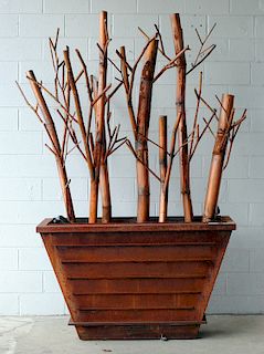 IRON BAMBOO FORM TREE SCULPTURE IN PLANTER