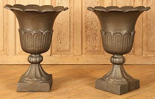 PAIR PAINTED CAST IRON URNS WITH SCALLOPED RIMS