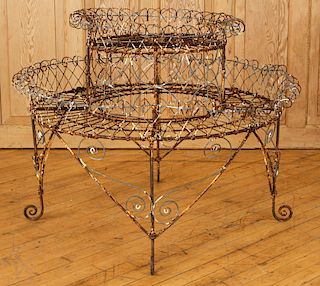 ROUND WROUGHT IRON TWO TIER PLANT STAND
