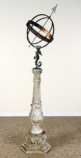 ANTIQUE IRON ARMILLARY ON CARVED MARBLE BASE