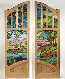 PAIR ARCHED WOOD DOORS WITH STAINED GLASS PANELS