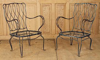 PAIR PAINTED BLUE IRON GARDEN CHAIRS 1940