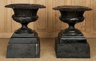 PAIR CAST IRON GARDEN URNS AND BASES