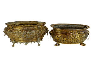 Dutch Brass Repousse Jardinieres with LIon Head Handles and Paw Feet 